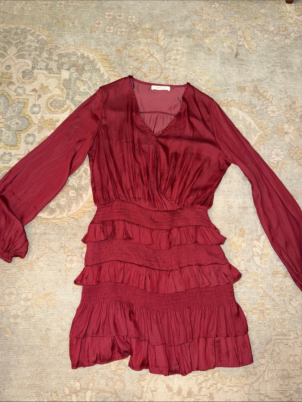 Mustard Seed Wine Red Ruffle Long-Sleeve Dress